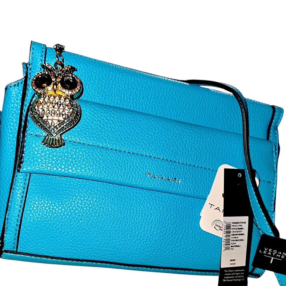 Tahari Charlie Crossbody Bag Aqua Blue Vegan Leather & Owl Charm NWT